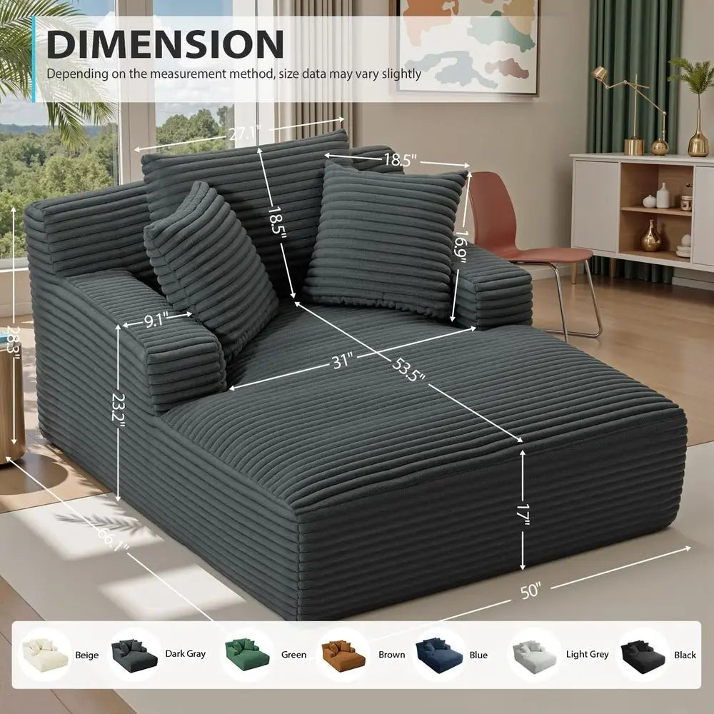 50 Inch Indoor Chaise Lounge Chair, Oversized Corduroy Upholstered Sleeper Couch, Deep Seat Reading Chair, Cloud Sofa for Living
