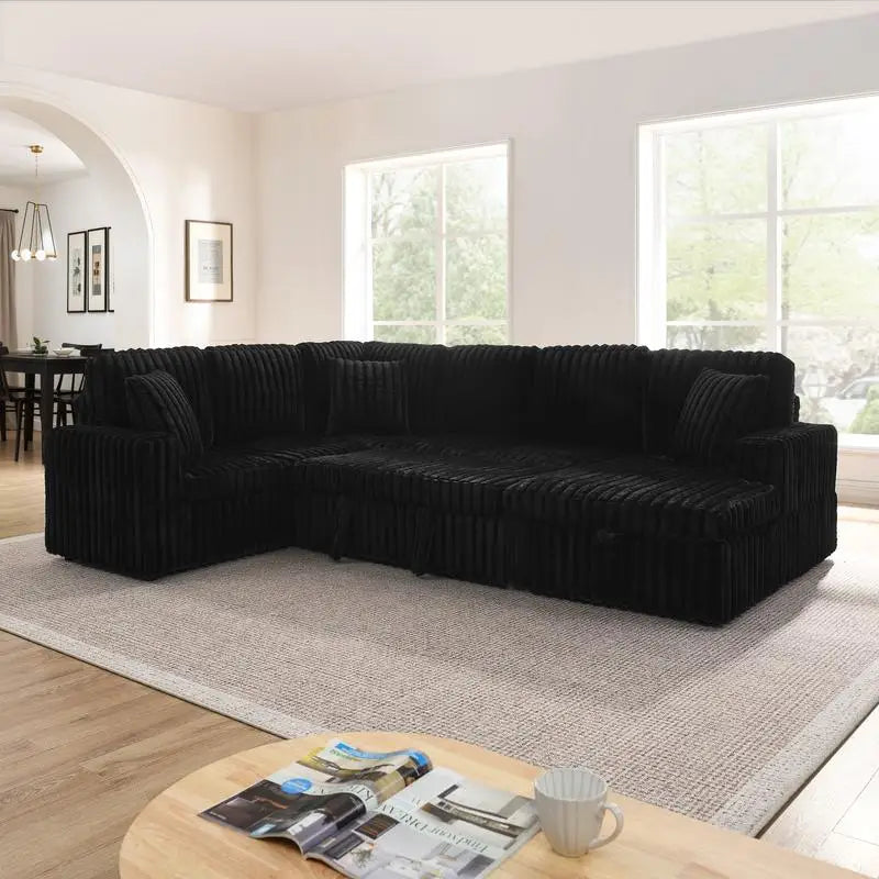 Modern Minimalist U-shaped Corduroy Striped Sofa with Pull-out Bed & Storage Chaise, Soft Black Couch for Stylish Living Room,