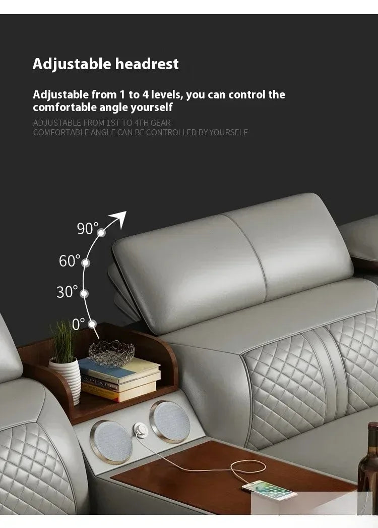 Stylish Italian Genuine Leather Sofa for Living Room with Cup Holder, USB, Adjustable Headrests & Bluetooth Speaker - Lazy Sofa