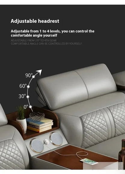 Stylish Italian Genuine Leather Sofa for Living Room with Cup Holder, USB, Adjustable Headrests & Bluetooth Speaker - Lazy Sofa