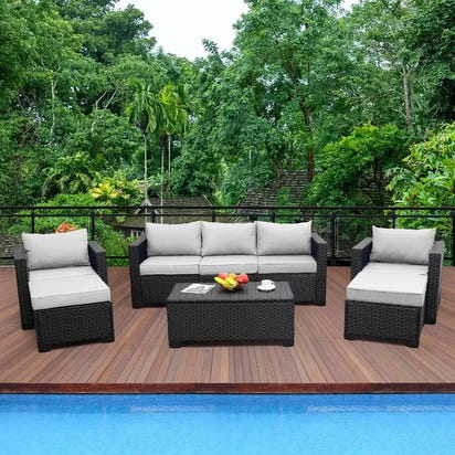 6 Piece Outdoor Wicker Furniture Set with Grey Cushions for Patio Conversation