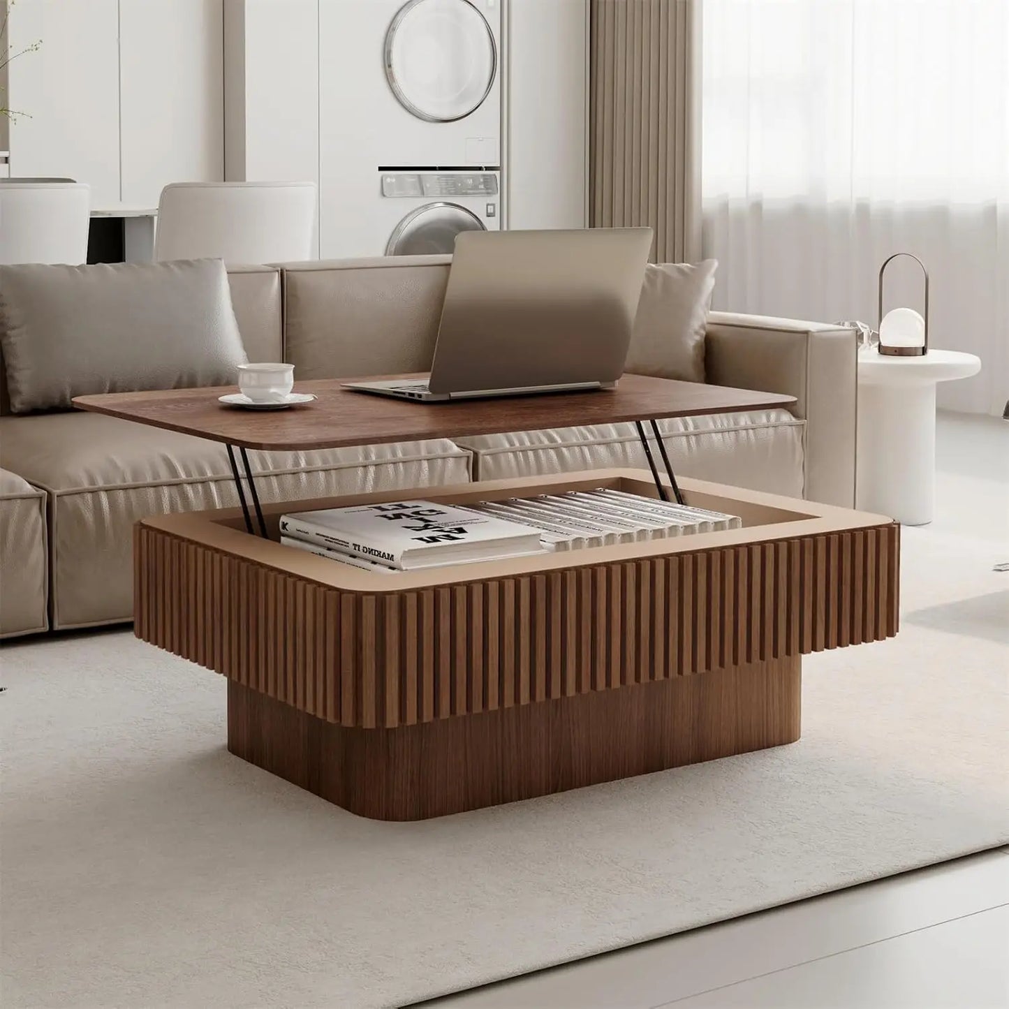 Lift Top Coffee Table For Living Room, Accent Fluted Coffee Table With Storage, Modern Solid Wood Veneered Rectangle Center Tea