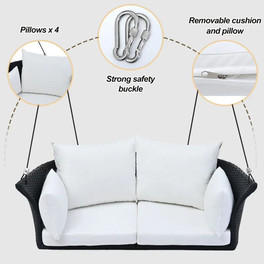 GO 51.9 2Person Hanging Seat Rattan Woven Swing Chair Porch Swing With Ropes Black Wicker And White Cushion
