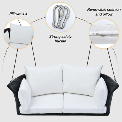 GO 51.9 2Person Hanging Seat Rattan Woven Swing Chair Porch Swing With Ropes Black Wicker And White Cushion
