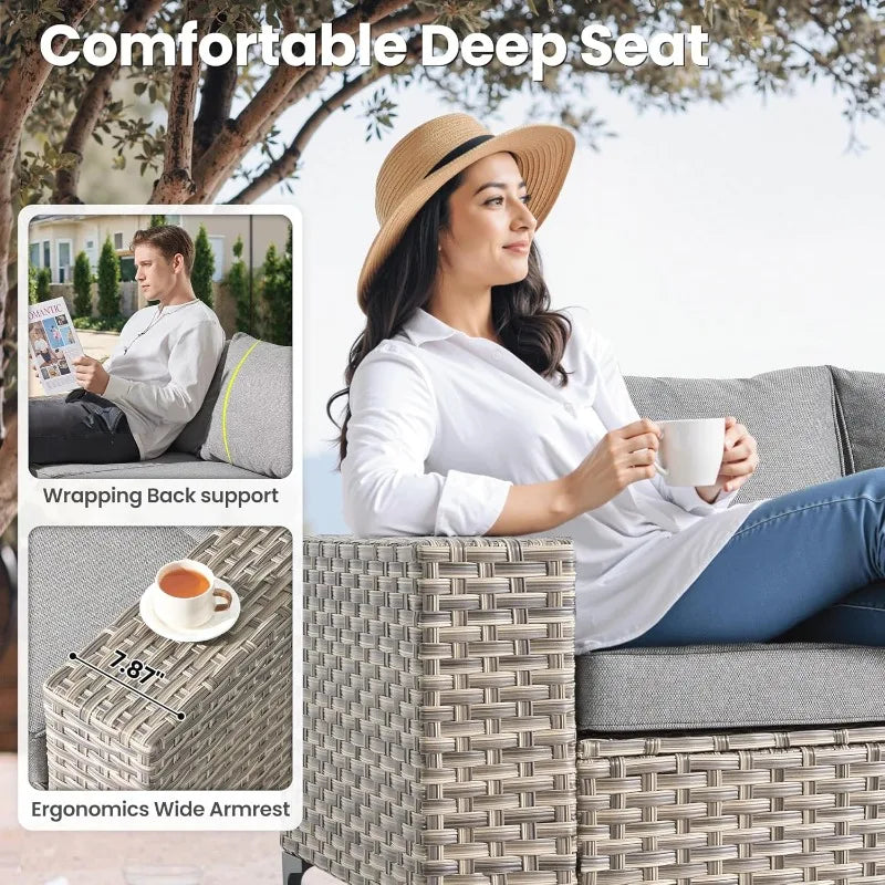 8 Pieces Patio Furniture Set Outdoor Sectional Sofa Couch with Rocking Swivel Chairs Deep Seat Chaise Comfy Cushions, Mode