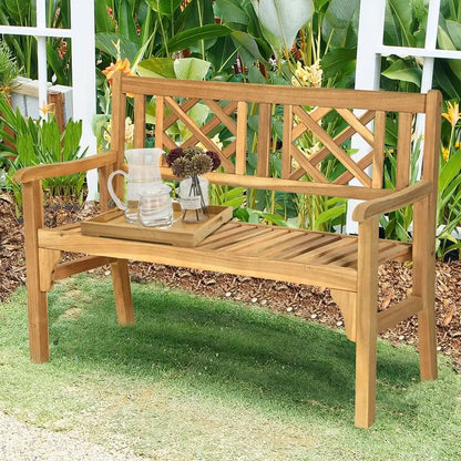 Acacia Wood Outdoor Loveseat Bench, Curved Back & Armrests, 705 lbs, Ideal for Garden, Patio, Park, Porch, Balcony