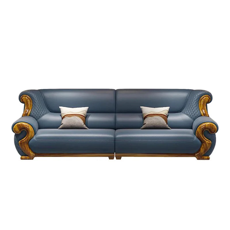 New Chinese ebony leather sofa combination first layer cowhide high-end villa living room modern solid wood sofa furniture