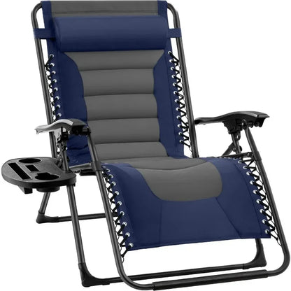 v Oversized Padded Zero Gravity Chair, Folding Outdoor Patio Recliner, XL Anti Gravity Lounger for Backyard w/Headrest, Cup Hold