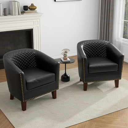 Faux Leather Swivel Barrel Accent Chairs Set of 2, Upholstered Armchair Club Chair for Living Room, Round Comfy Single Sofa Bedr