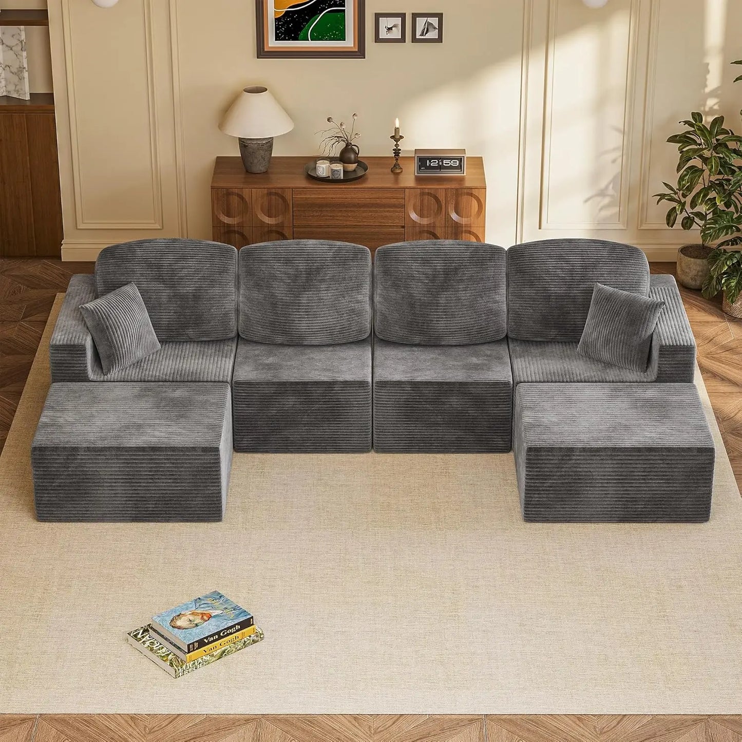 126" Modern Fabric Boneless Couch with Deep Seat, Sectional Couches for Living Room, Upholstered Cloud Sofa with 2 Ottoman