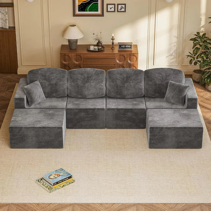 126" Modern Fabric Boneless Couch with Deep Seat, Sectional Couches for Living Room, Upholstered Cloud Sofa with 2 Ottoman