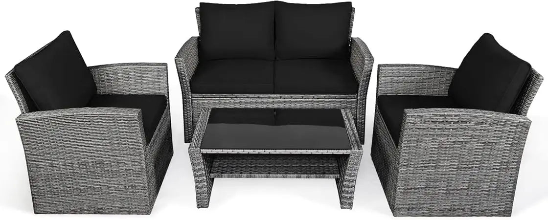 4 Pieces Patio Rattan Furniture Set, Outdoor Wicker Sofa Set with Tempered Glass Coffee Table, Cushions, All Weather Rattan Con