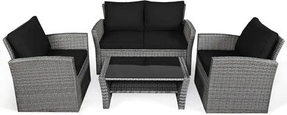 4 Pieces Patio Rattan Furniture Set, Outdoor Wicker Sofa Set with Tempered Glass Coffee Table, Cushions, All Weather Rattan Con
