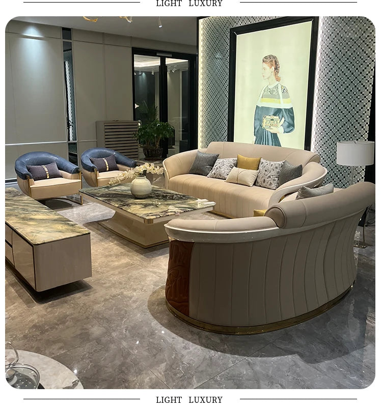 *Italian light luxury leather sofa post-modern model room large apartment high-end