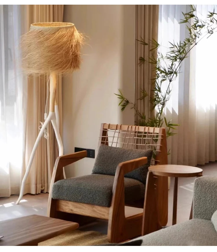 Medieval Style Solid Wood Rope Leisure Chair Retro Single Sofa Chair Wabi-sabi High-end Home Cafe Rattan Single Chair