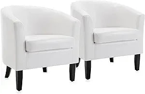Living Room Chairs Set of 2, Faux Leather Round Accent Barrel Chairs, Club Tub Sofa Chairs for Bedroom, Corner Chairs with Flar