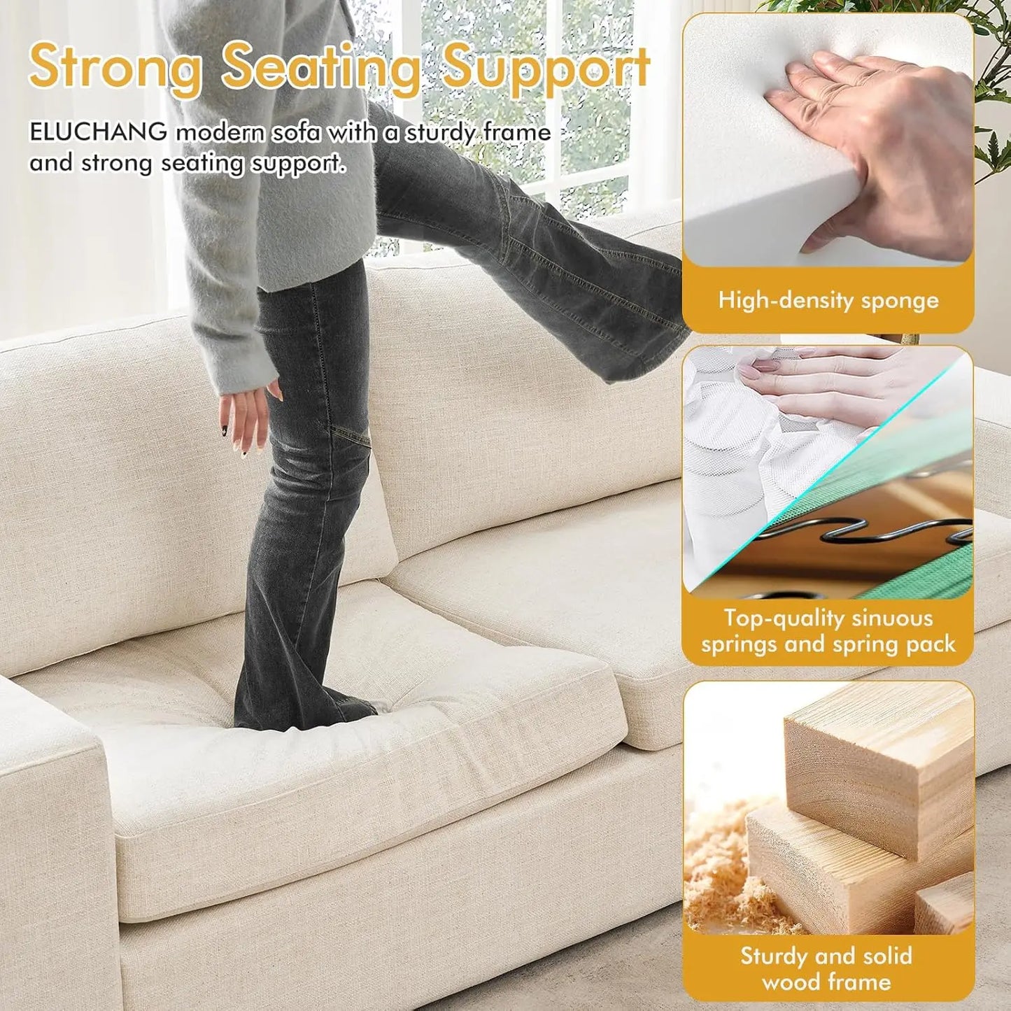 ELUCHANG 85" Modern Sofa Couches for Living Room, 3 Seater Sofa, Natural Linen Deep Seat Sofa with Upholstered Cushion