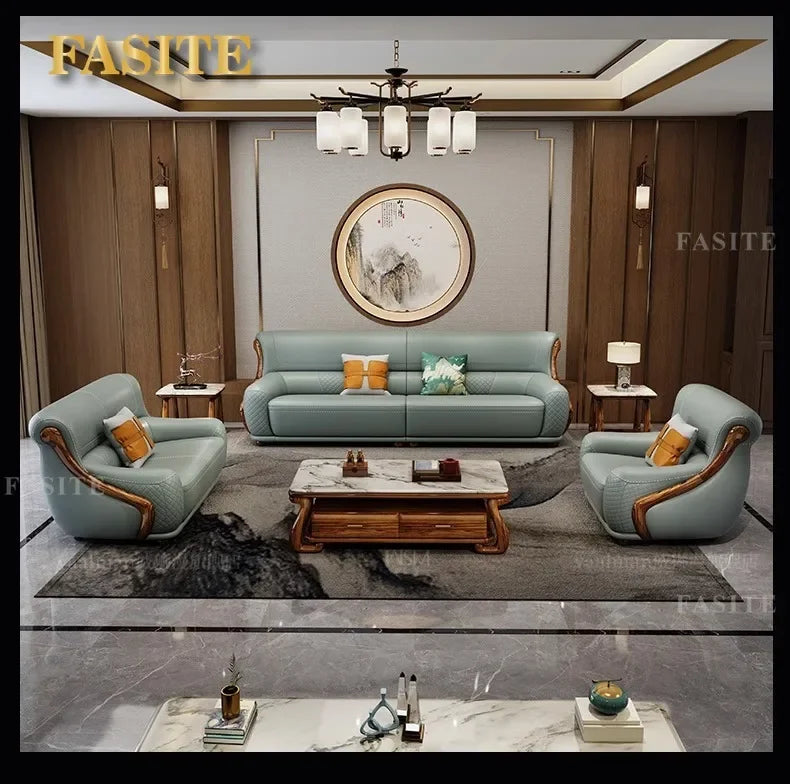 leather sofa new Chinese-style first-layer cowhide European-style solid wood living room corner combination villa