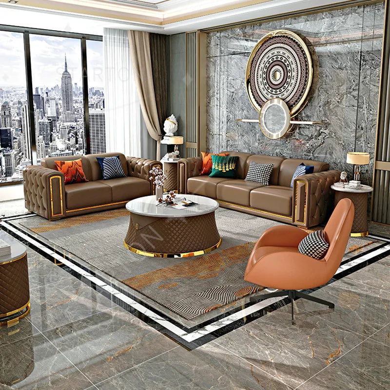 Italian Modern Luxury Art Style Leather Sofa Set Villa Living Room Furniture Leather Combination Sofa Set Support Customization
