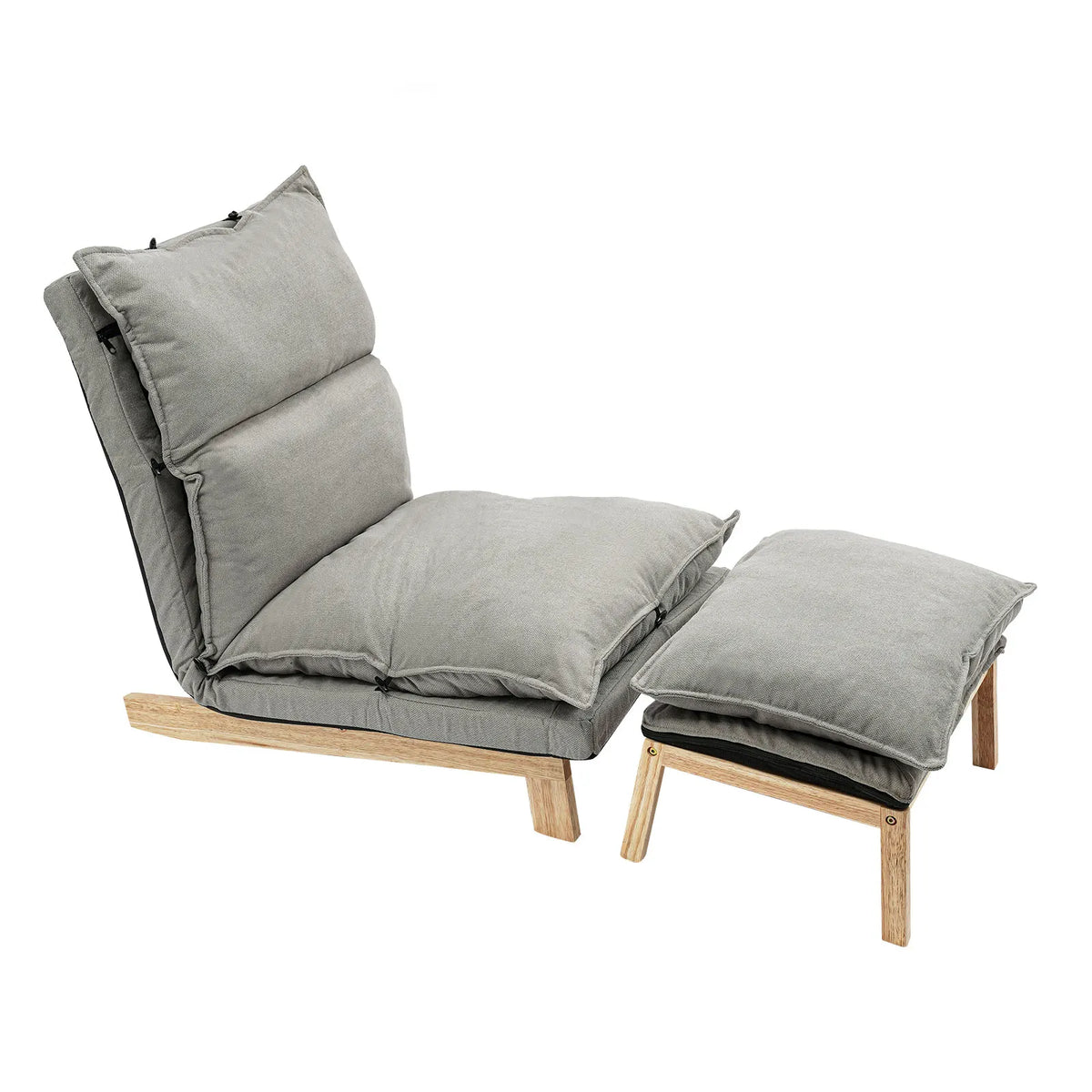 Lounge Chair, Single Lazy Sofa with Ottoman, Leisure Balcony Adjustable Recliner, 5-Position Adjustable Backrest, 330 lbs Capacity, Grey Cotton Linen + Sponge + Solid Wood + Steel