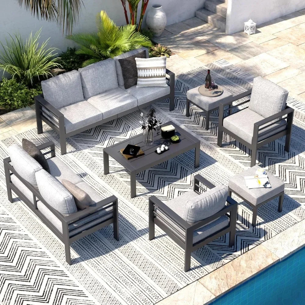 Aluminium modern patio furniture with coffee table, 7-piece outdoor conversation set, dark grey cushions, suitable for balcony