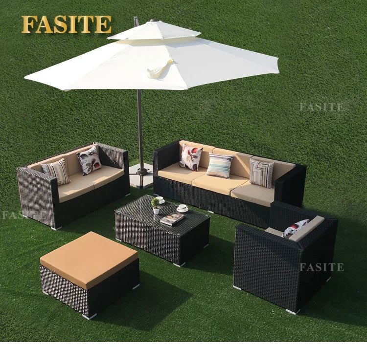 Outdoor rattan sofa, rainproof and sunscreen woven three piece set, tea table combination, outdoor furniture
