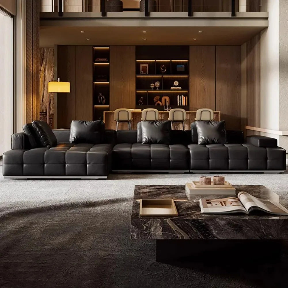 Minimalist Multi-Seat Leather Sectional Sofa Combination Modern Simple Living Room Sofas First Layer Cowhide L Shade Sofa Set