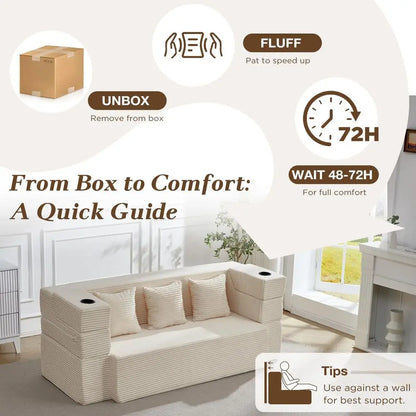 78.7 Sleeper Ottoman Sofa Bed for Small Space, FullLength Folding Memory Foam Couch in a Box with 2 Ottomans amp FlipUp Armrest