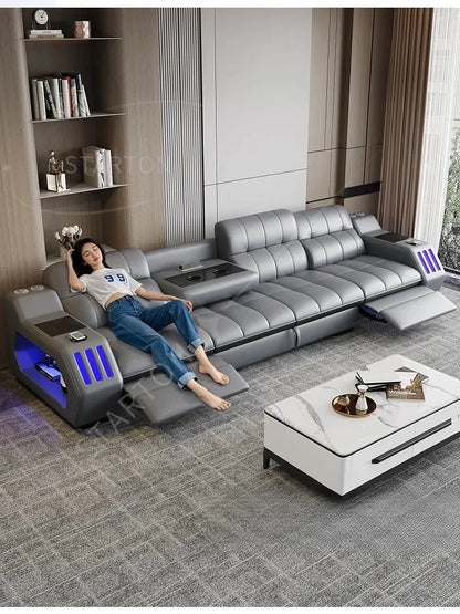 Modern Sectional Sofa Bed with LED Light, Electric Recliner and Massage，Living Room Genuine Leather Couch