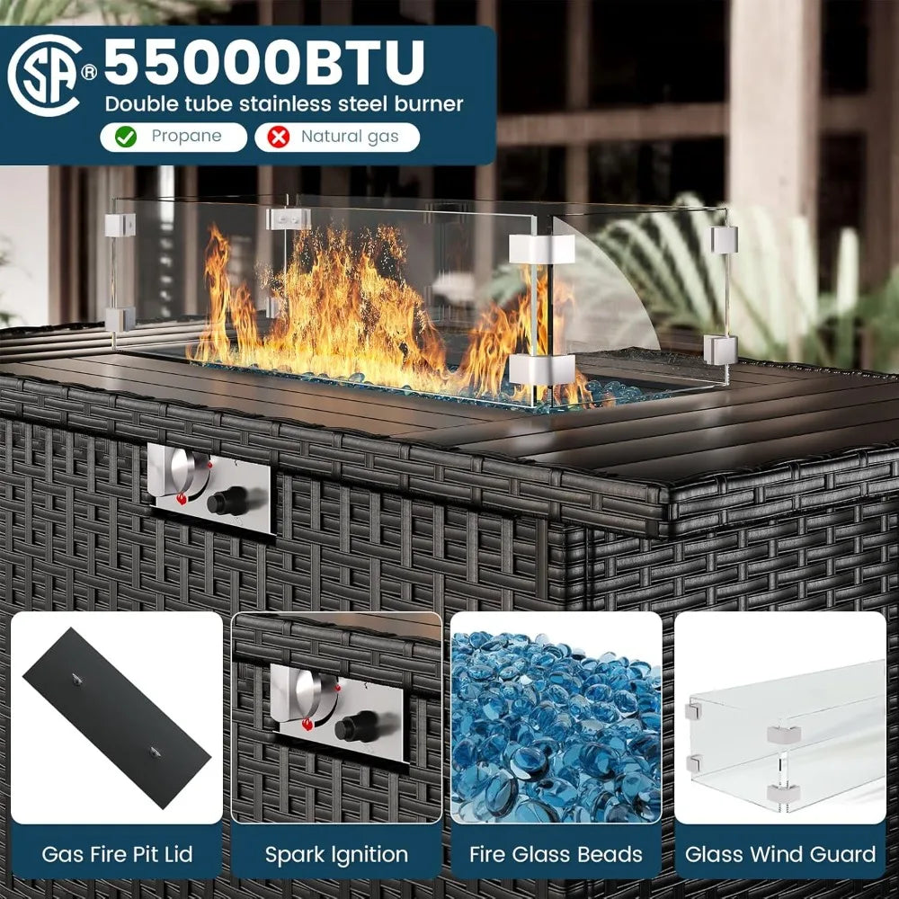 black wicker outdoor sectional sofa set with fire pit table for patio conversation