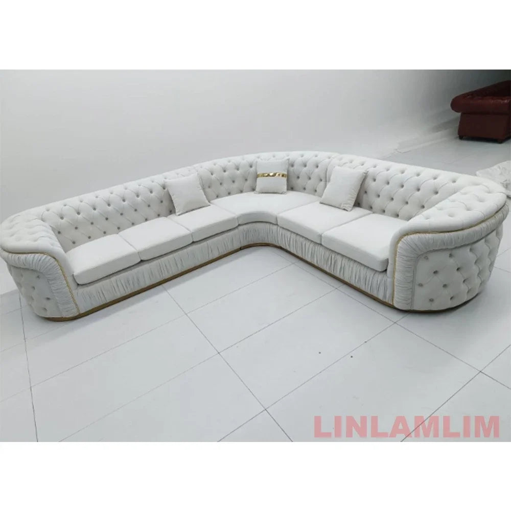 A Luxury Chesterfield Sectional Sofa Set With Cloth Buttons And Fabric Modular Couch With Gold Stainless Steel Base, 3-seater So