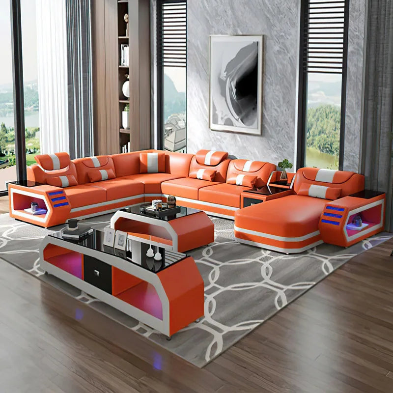 Modern Living Room Sofa Set Genuine Leather Sofas with USB Music Speaker