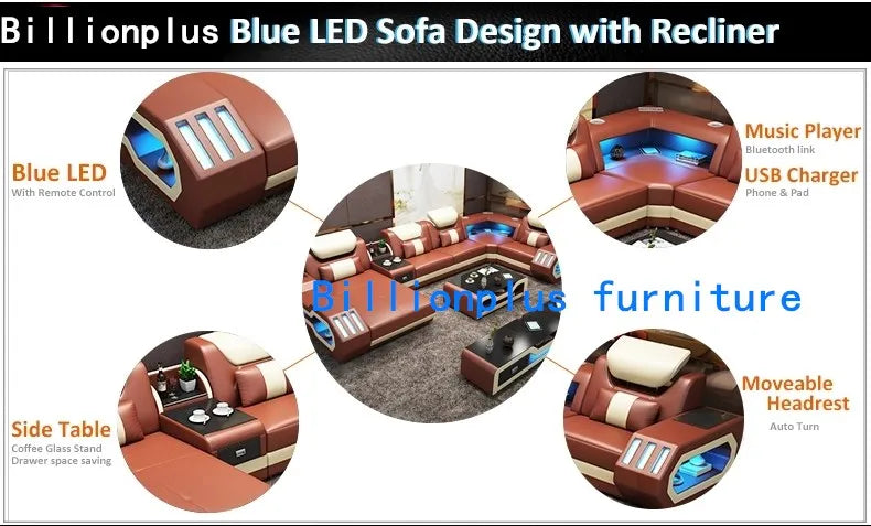 European Design Style LED Electric Sectional Sofa Set Top Microfiber Leather Home Furniture For Luxury Villa Living