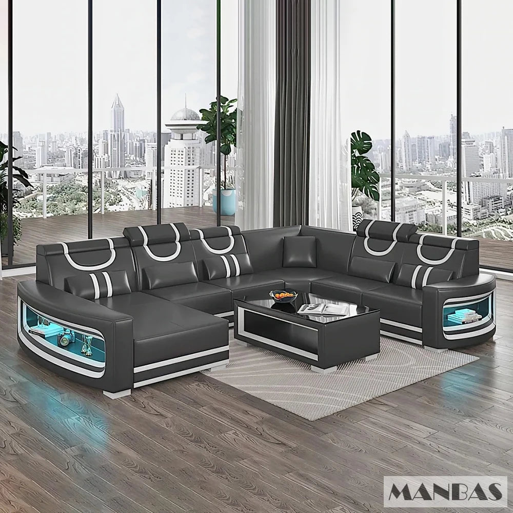 Upgrade Your Living Room with MANBAS Italian Genuine Leather Sofa - 2 Colors Combination, LED Light & Soft Cushions
