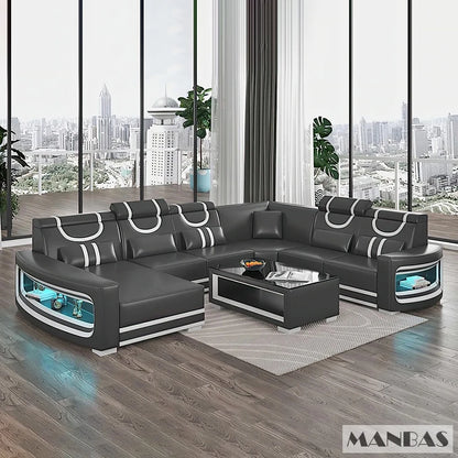Upgrade Your Living Room with MANBAS Italian Genuine Leather Sofa - 2 Colors Combination, LED Light & Soft Cushions