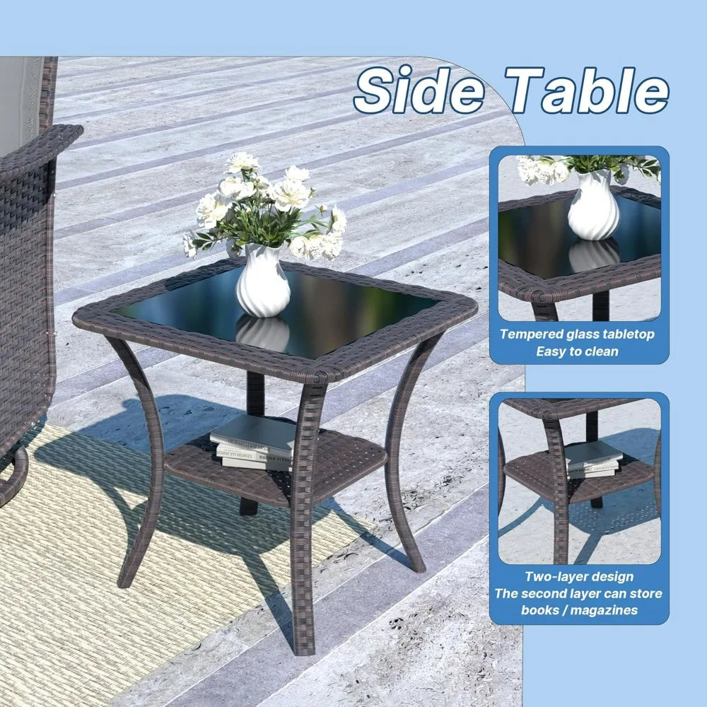 Outdoor Wicker Swivel Gliders Patio Furniture Set with Rocking Chairs and Tempered Glass Table