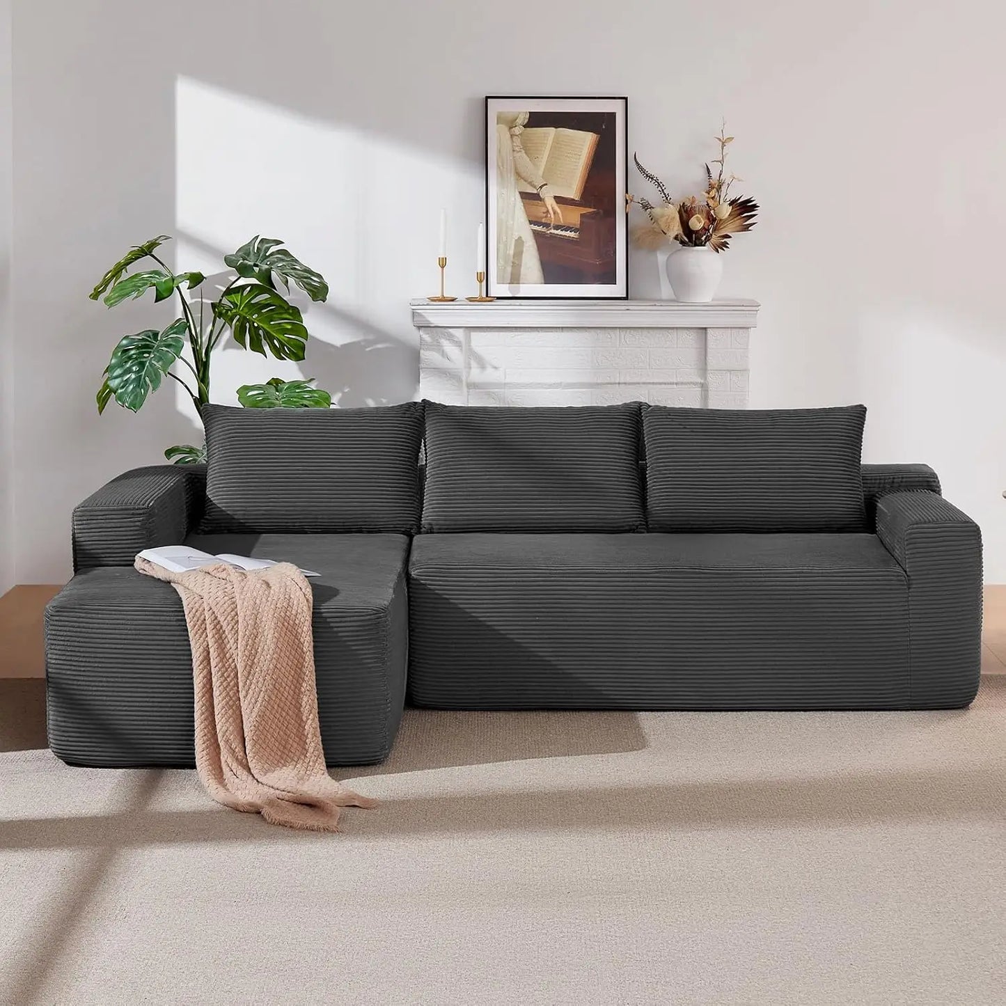 97" Modular Sectional Sofa L-Shape Chaise Deep Seat Corduroy Foam Living Room Left Facing No Assembly Black, Custom