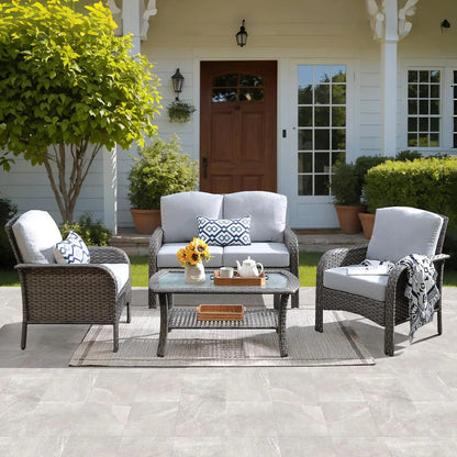 4-Piece Patio Furniture Set, Outdoor Wicker Sofa with Chairs Coffee Table, High Back Rattan Couch Loveseat with, Customized