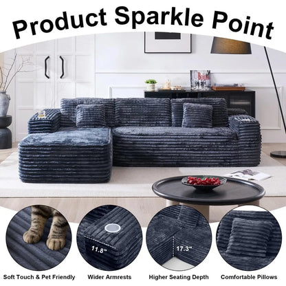 Cloud Sectional Couch with L-Shape Chaise, Modern Modular Sofa with Deep Seat, Built-in Cup Holder & Storage Pocket for Living R