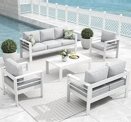 5 Pieces Modern Aluminum Patio Furniture Set, Outdoor Conversation Sets Metal Sectional Sofa with Coffee Table