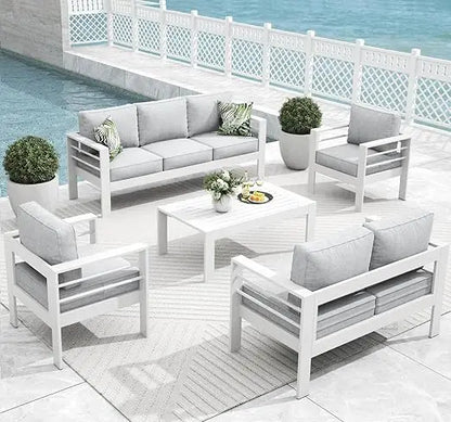 5 Pieces Modern Aluminum Patio Furniture Set, Outdoor Conversation Sets Metal Sectional Sofa with Coffee Table