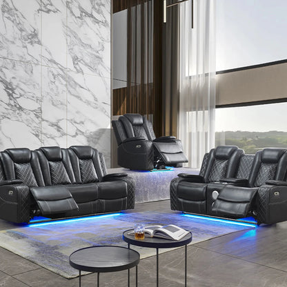 Power Reclining Sofa Couch with Wireless Charger 3 Seaters Recliner  Reading Light Leather Bluetooth Speaker Theater Seating LED