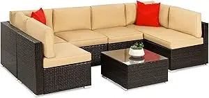 Seven Piece Modular Set, Outdoor Sectional Wicker Patio, Conversation With Two Pillows, Coffee Table Cover Included