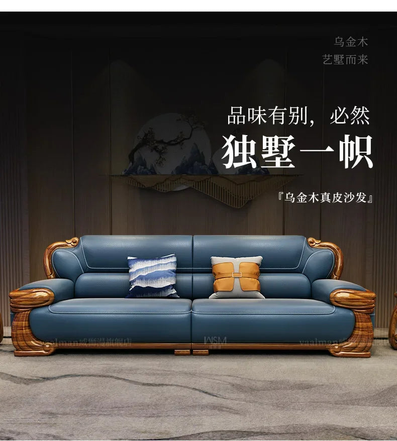 B178 A Imported ebony wood carving flower sofa villa new Chinese modern simple first layer leather sofa