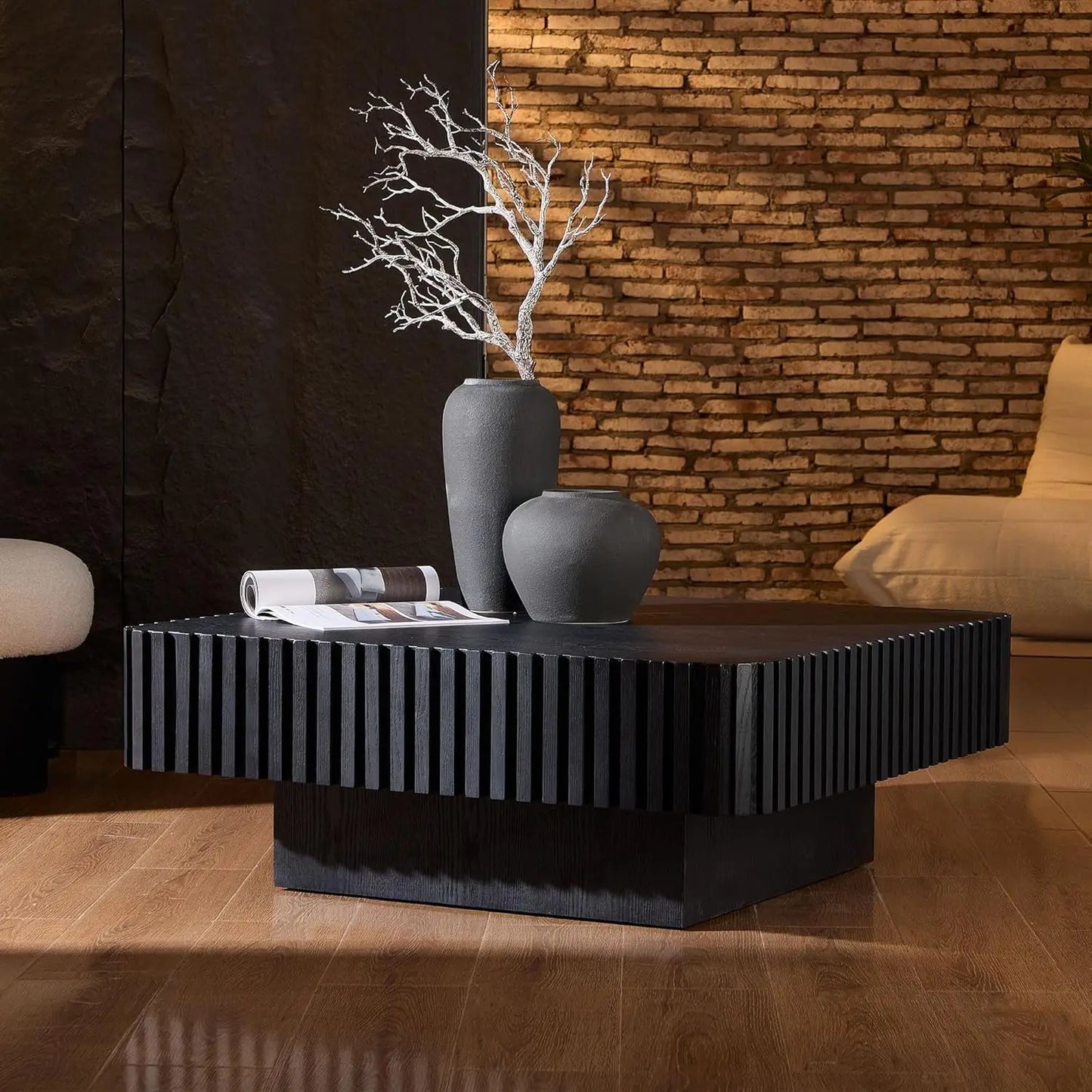 Square Coffee Table for Living Room, Modern Handcraft Solid Wood Drum Coffee Table with Sturdy Pedestal Shaped Tea Table