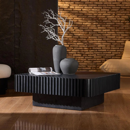 Square Coffee Table for Living Room, Modern Handcraft Solid Wood Drum Coffee Table with Sturdy Pedestal Shaped Tea Table