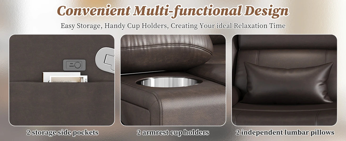 LEVELEVE Home Theater Seating，RV Reclining Sofa Set with Adjustable Headrest， Recliner Sofa with Heat and USB&Type-C, Dawer
