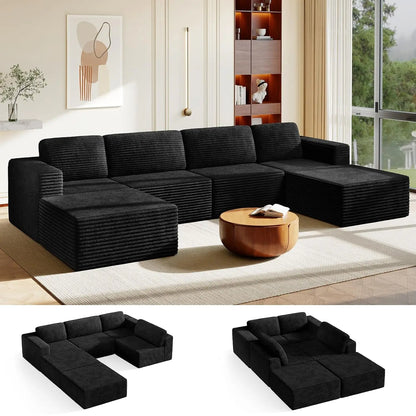97" L-Shape Modular Sofa, 3-Seat Corduroy Couch with Movable Ottoman, Sectional Sofa for Living Room, Green, Customized