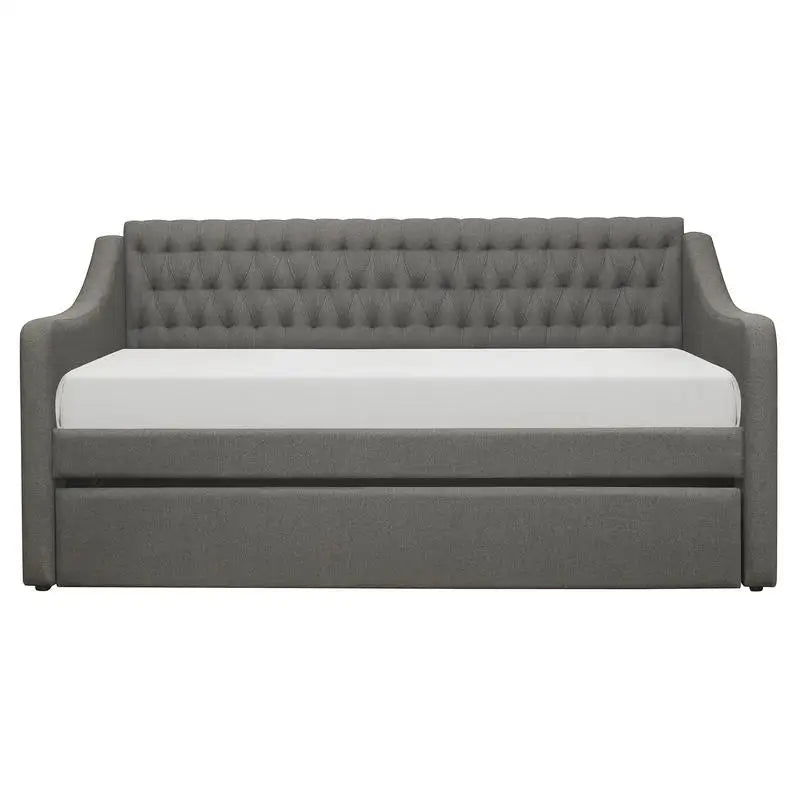 Modern Gray Upholstered Daybed with Pull-Out Trundle on Casters, Tufted Design for Bedroom or Living Room Furniture