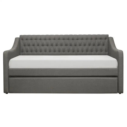 Modern Gray Upholstered Daybed with Pull-Out Trundle on Casters, Tufted Design for Bedroom or Living Room Furniture